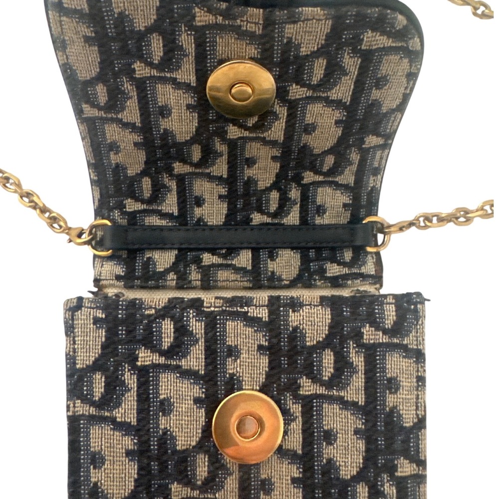CHRISTIAN DIOR Vertical Saddle Chain Pouch Oblique Canvas Navy Blue Beige Gold - Picture 2 of 5